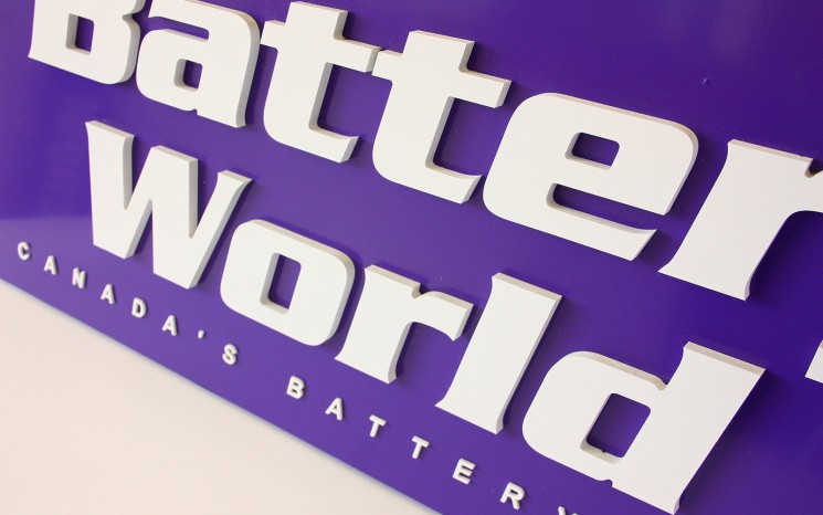 Battery World business sign with laser cut acrylic 3D lettering