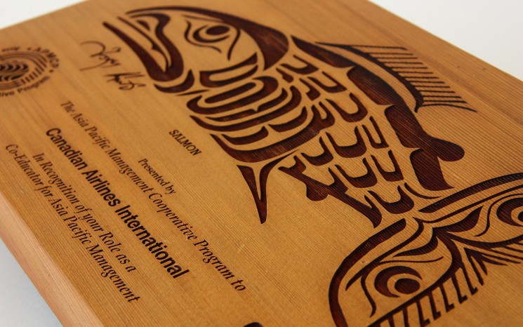 Laser etched graphics on western red cedar wood