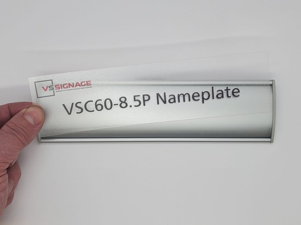 Custom VSC60-8.5P Curved Nameplate with printed messaged insert