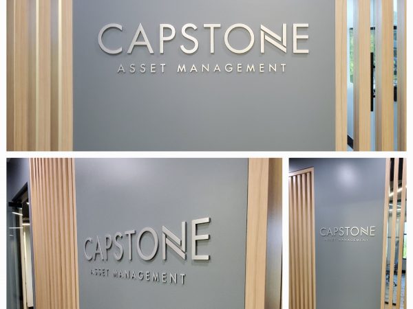 Custom 6mm solid brushed aluminum dimensional reception sign CAPSTONE