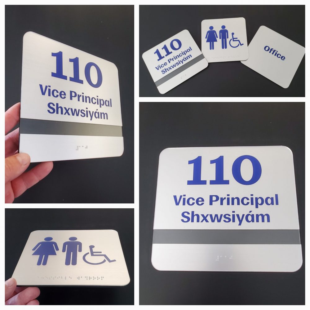 Custom SchoolFit Brushed Aluminum Acrylic school room signs with braille IMA