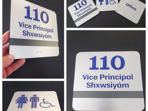 Custom SchoolFit Brushed Aluminum Acrylic school room signs with braille IMA