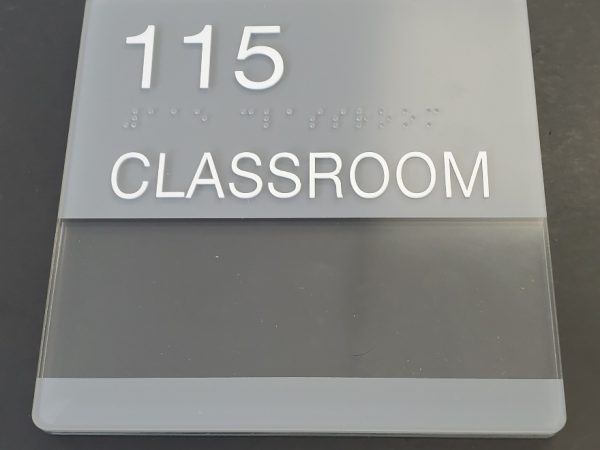 Custom Schoolfit Sign 8 x 8 one slot with raised tactile ADA and clear braille classroom