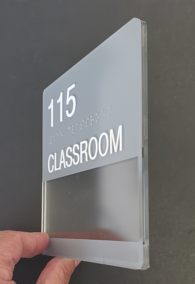 Custom Schoolfit Sign 8 x 8 one slot with raised tactile ADA and clear braille classroom - side